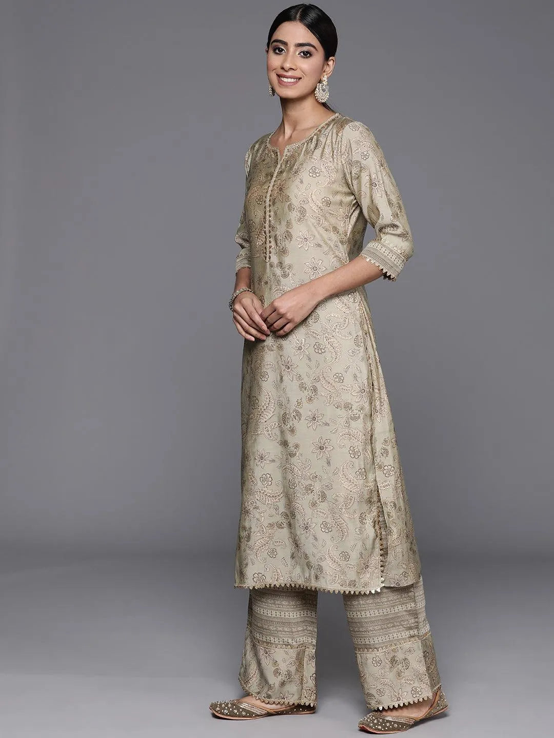 Libas Green Printed Silk Blend Straight Suit With Dupatta