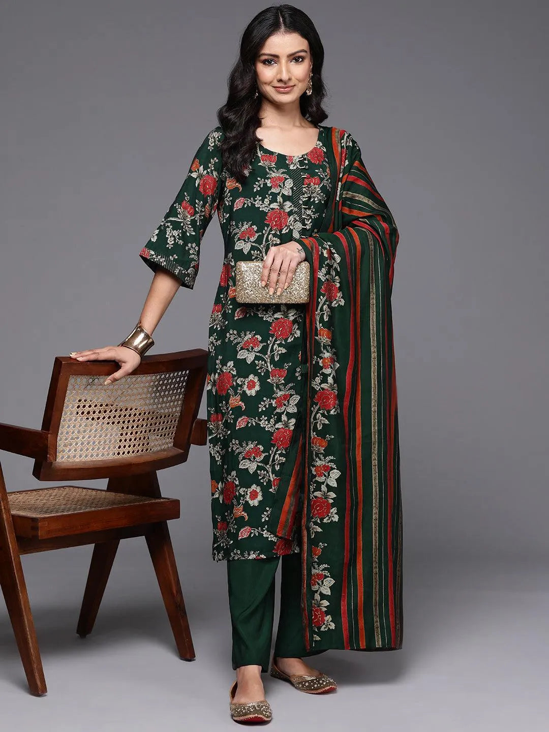Libas Green Printed Silk Blend Straight Suit With Dupatta
