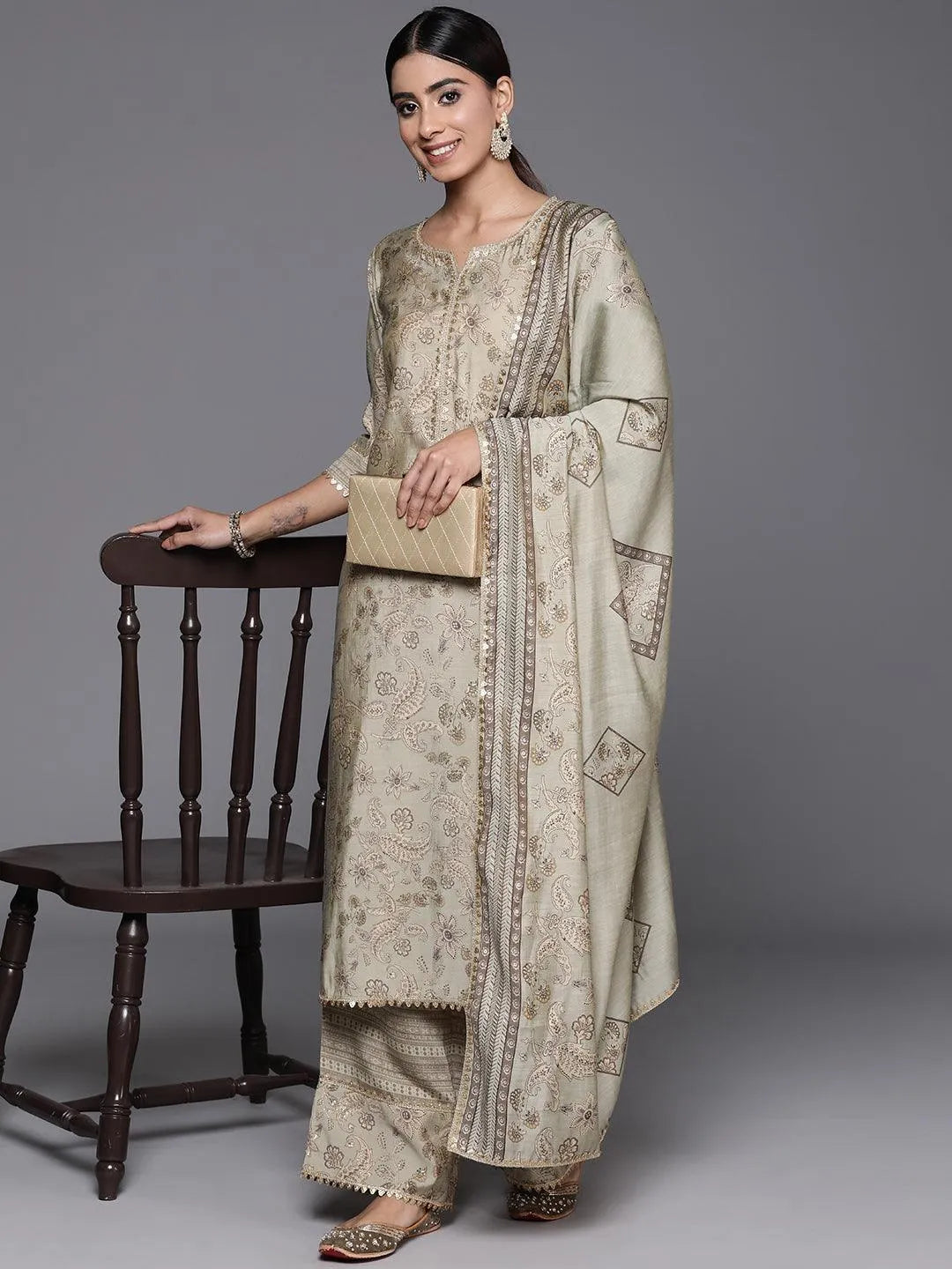 Libas Green Printed Silk Blend Straight Suit With Dupatta