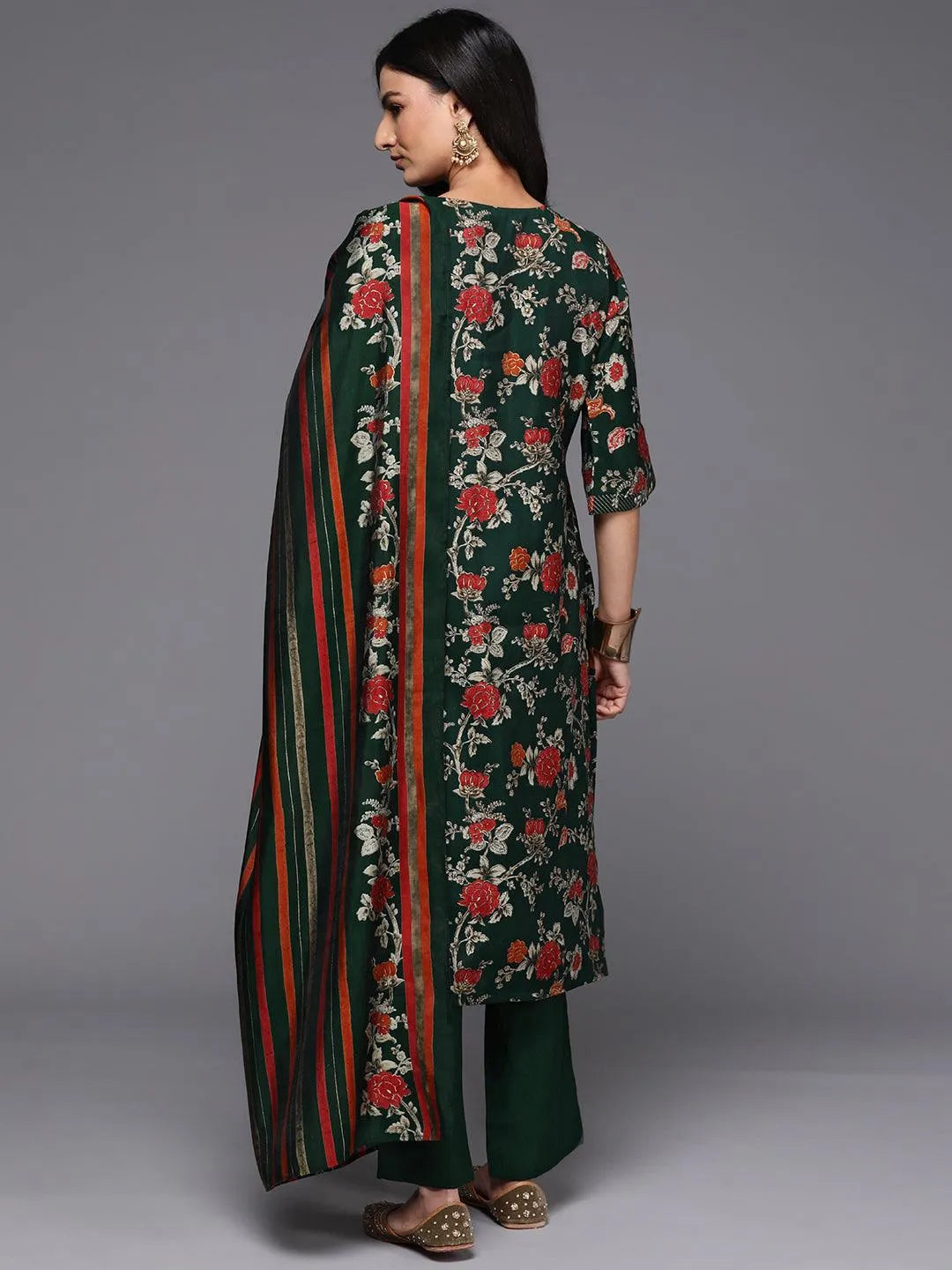 Libas Green Printed Silk Blend Straight Suit With Dupatta