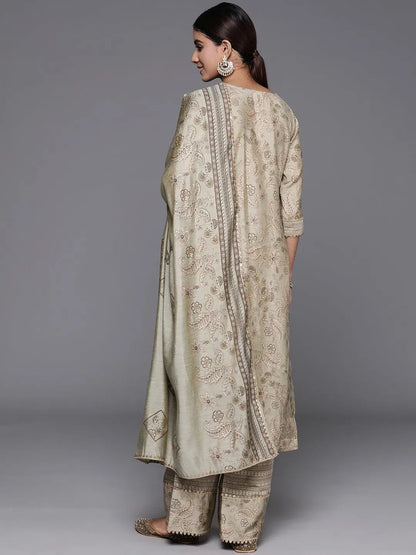 Libas Green Printed Silk Blend Straight Suit With Dupatta