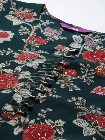 Libas Green Printed Silk Blend Straight Suit With Dupatta