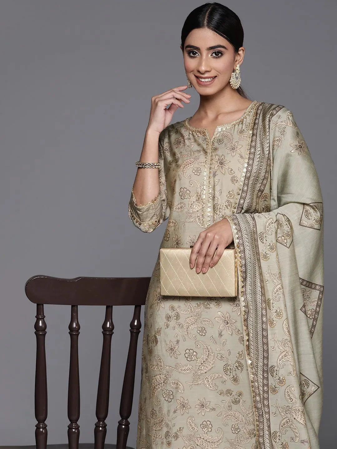 Libas Green Printed Silk Blend Straight Suit With Dupatta