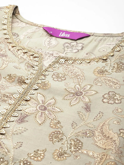 Libas Green Printed Silk Blend Straight Suit With Dupatta