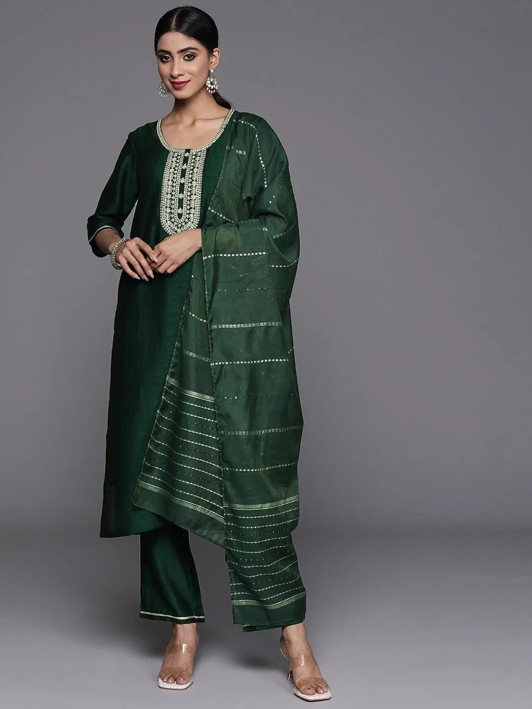 Libas Green Printed Silk Blend Straight Kurta With Trousers & Dupatta