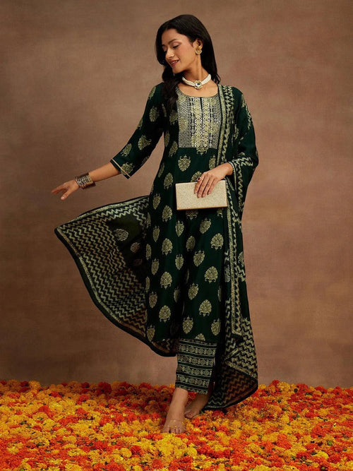 Libas Green Printed Silk Blend Straight Suit With Dupatta