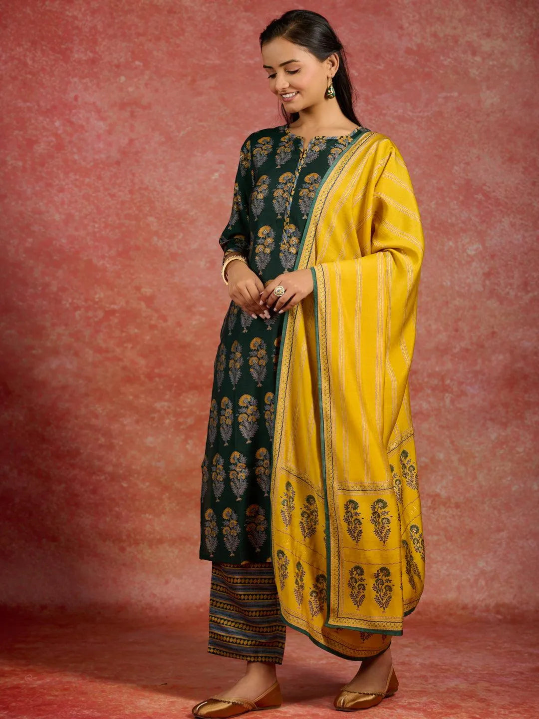 Libas Green Printed Silk Blend Straight Suit With Dupatta