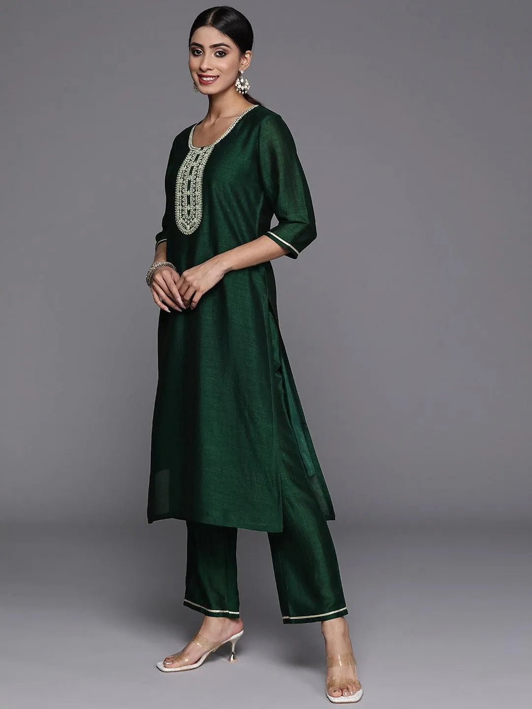 Libas Green Printed Silk Blend Straight Kurta With Trousers & Dupatta