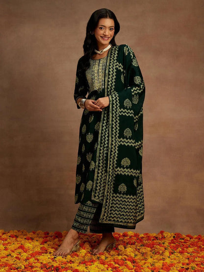 Libas Green Printed Silk Blend Straight Suit With Dupatta