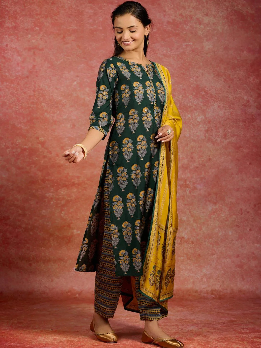 Libas Green Printed Silk Blend Straight Suit With Dupatta