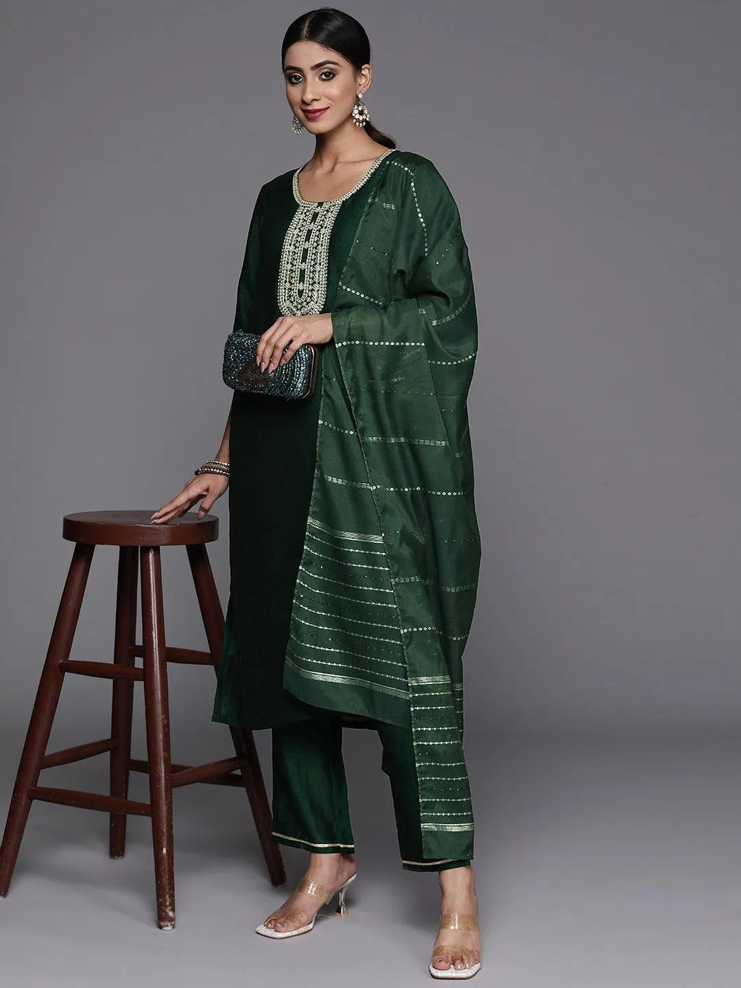 Libas Green Printed Silk Blend Straight Kurta With Trousers & Dupatta