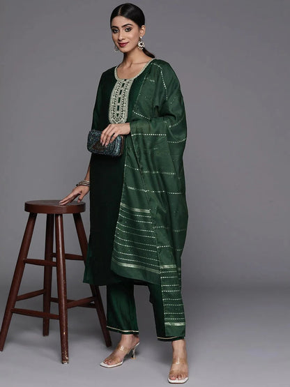 Libas Green Printed Silk Blend Straight Kurta With Trousers & Dupatta