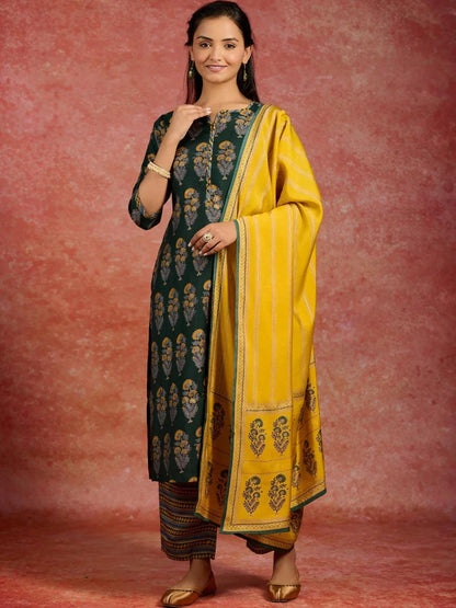 Libas Green Printed Silk Blend Straight Suit With Dupatta