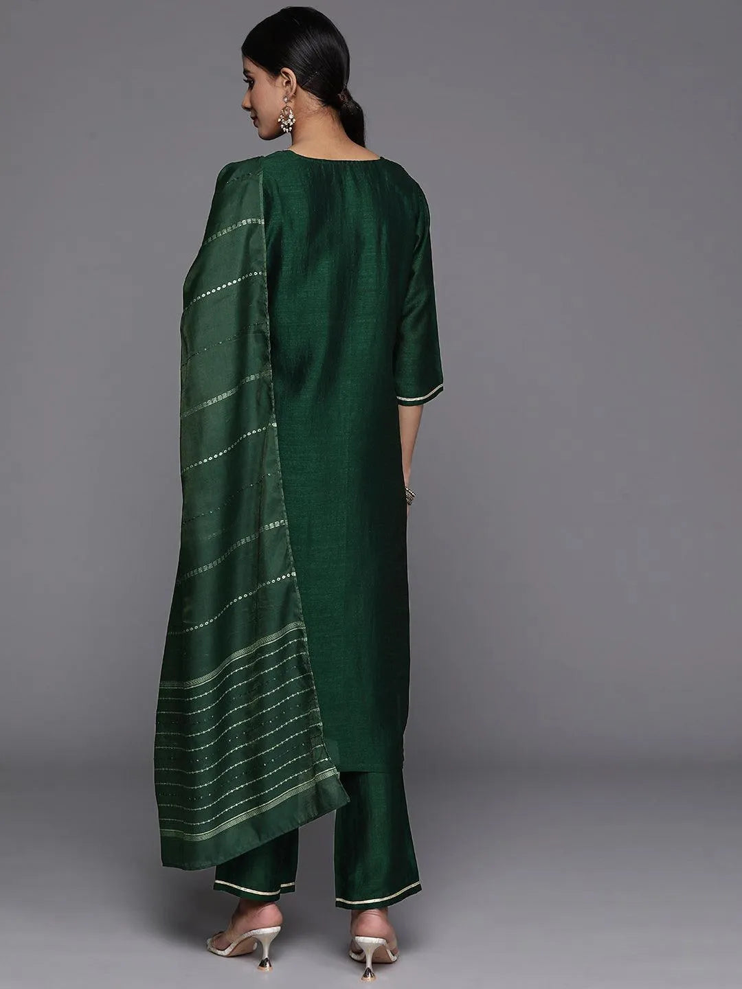 Libas Green Printed Silk Blend Straight Kurta With Trousers & Dupatta