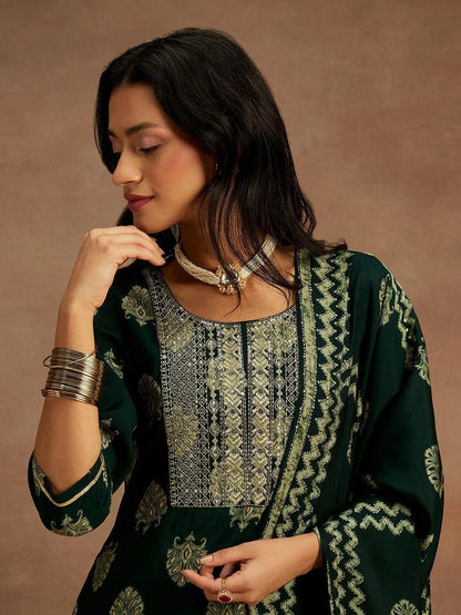 Libas Green Printed Silk Blend Straight Suit With Dupatta