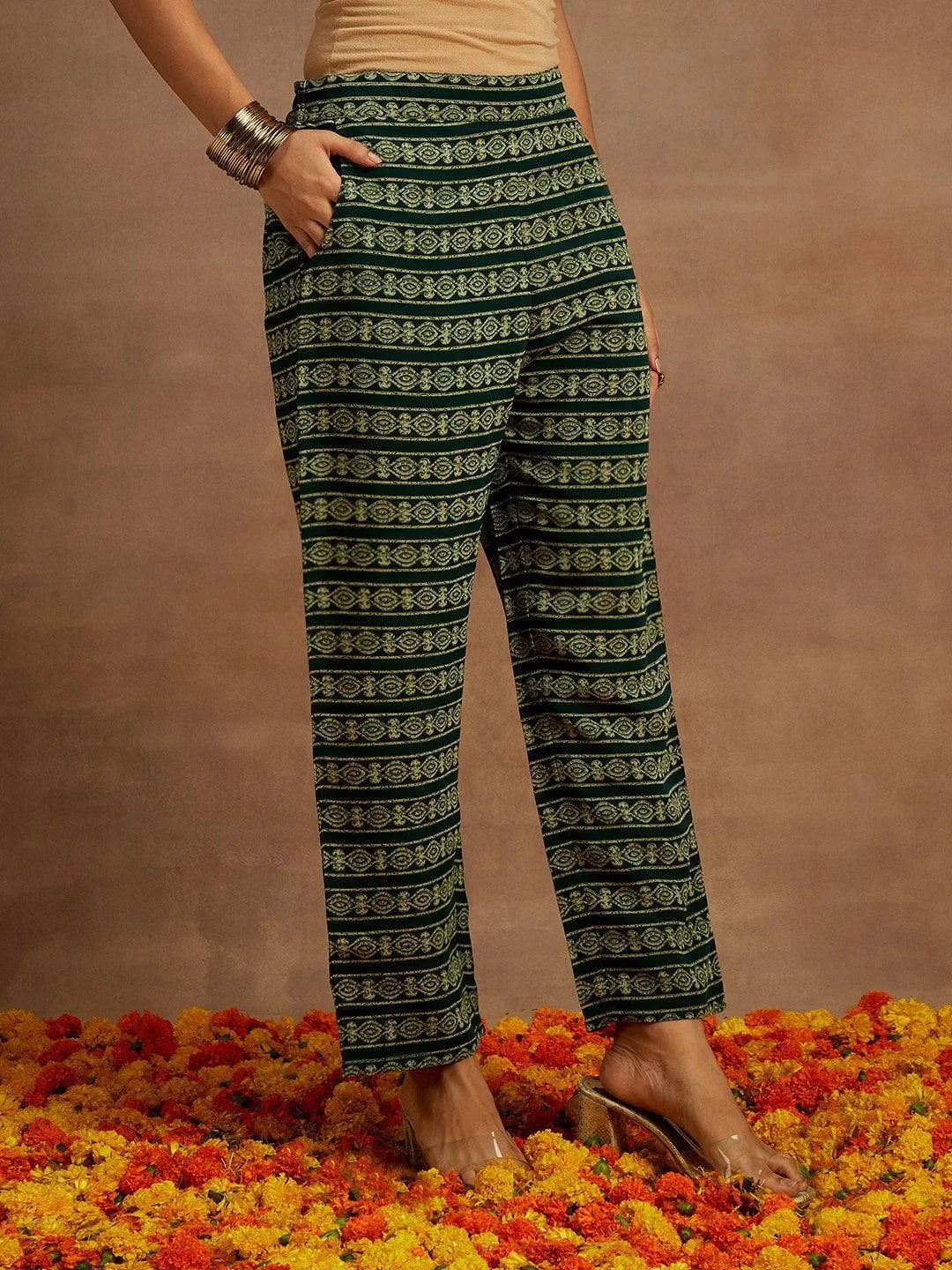 Libas Green Printed Silk Blend Straight Suit With Dupatta