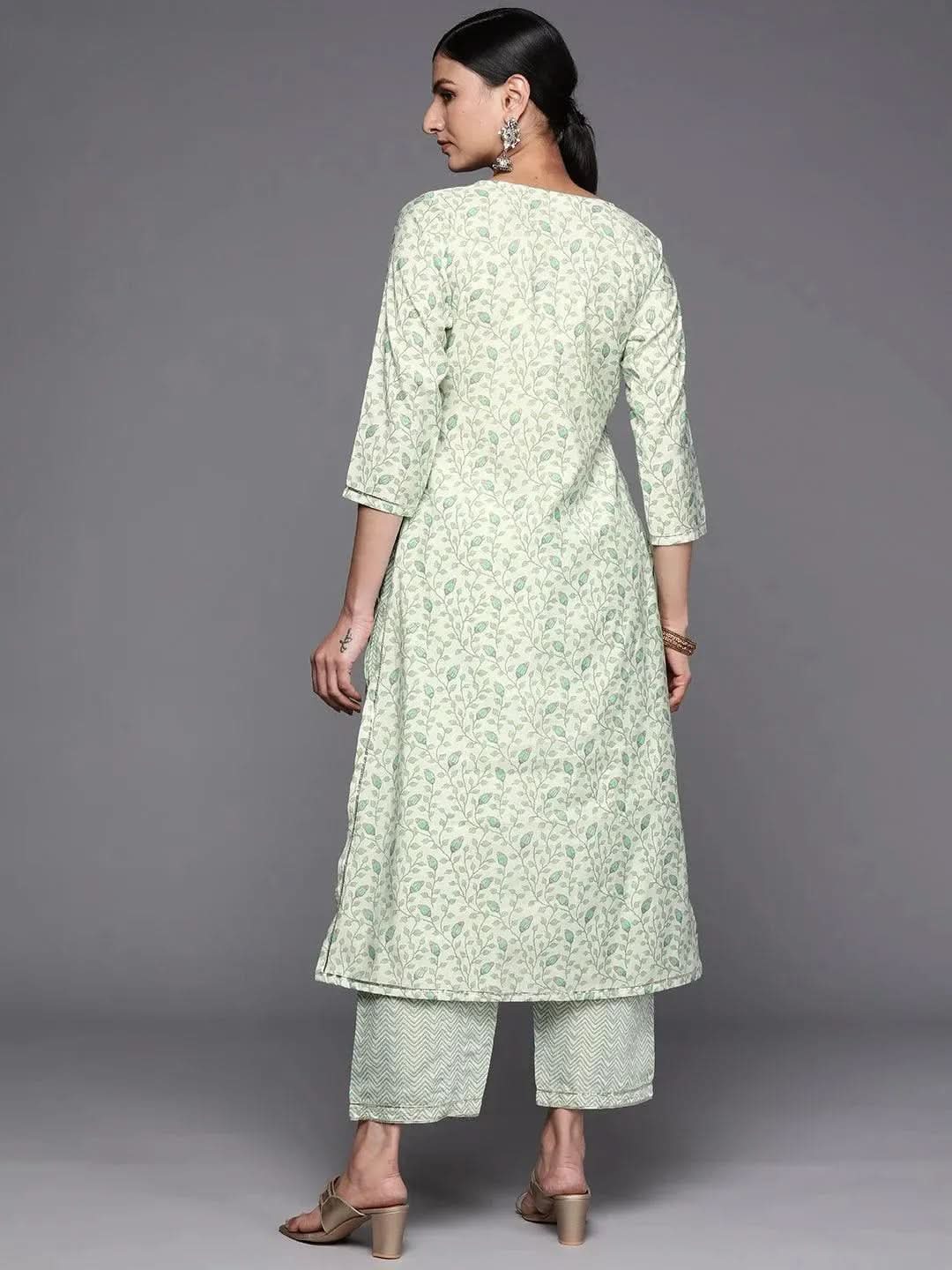 Libas Green Printed Silk Blend Straight Kurta With Trousers