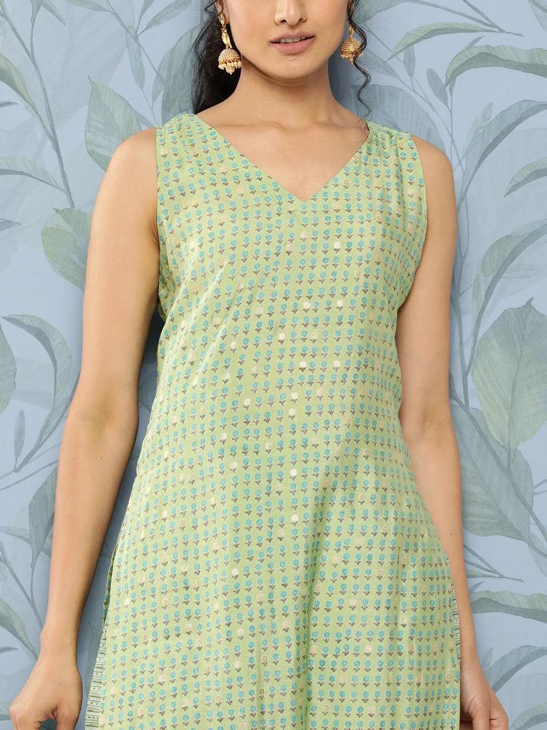 Libas Green Printed Silk Blend Straight Kurta With Trousers
