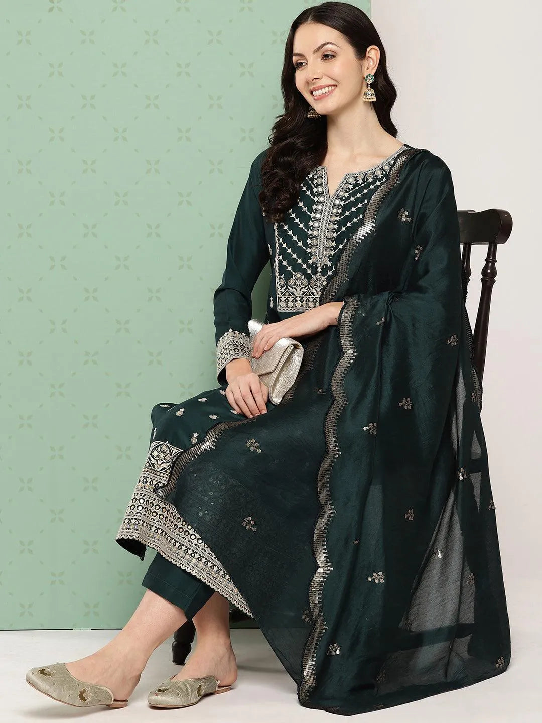 Libas Green Printed Silk Straight Suit With Dupatta