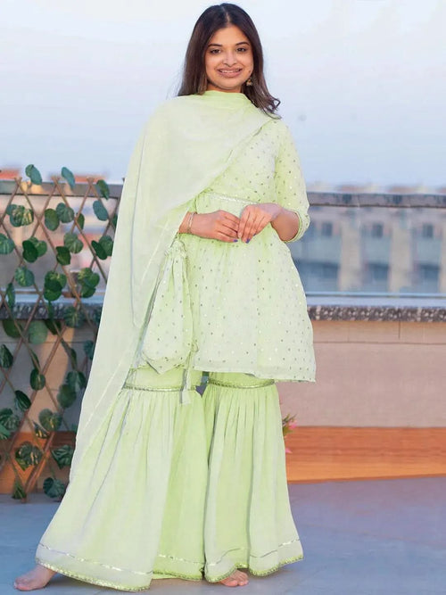 Libas Green Self Design Georgette Anarkali Sharara Suit Set With Dupatta