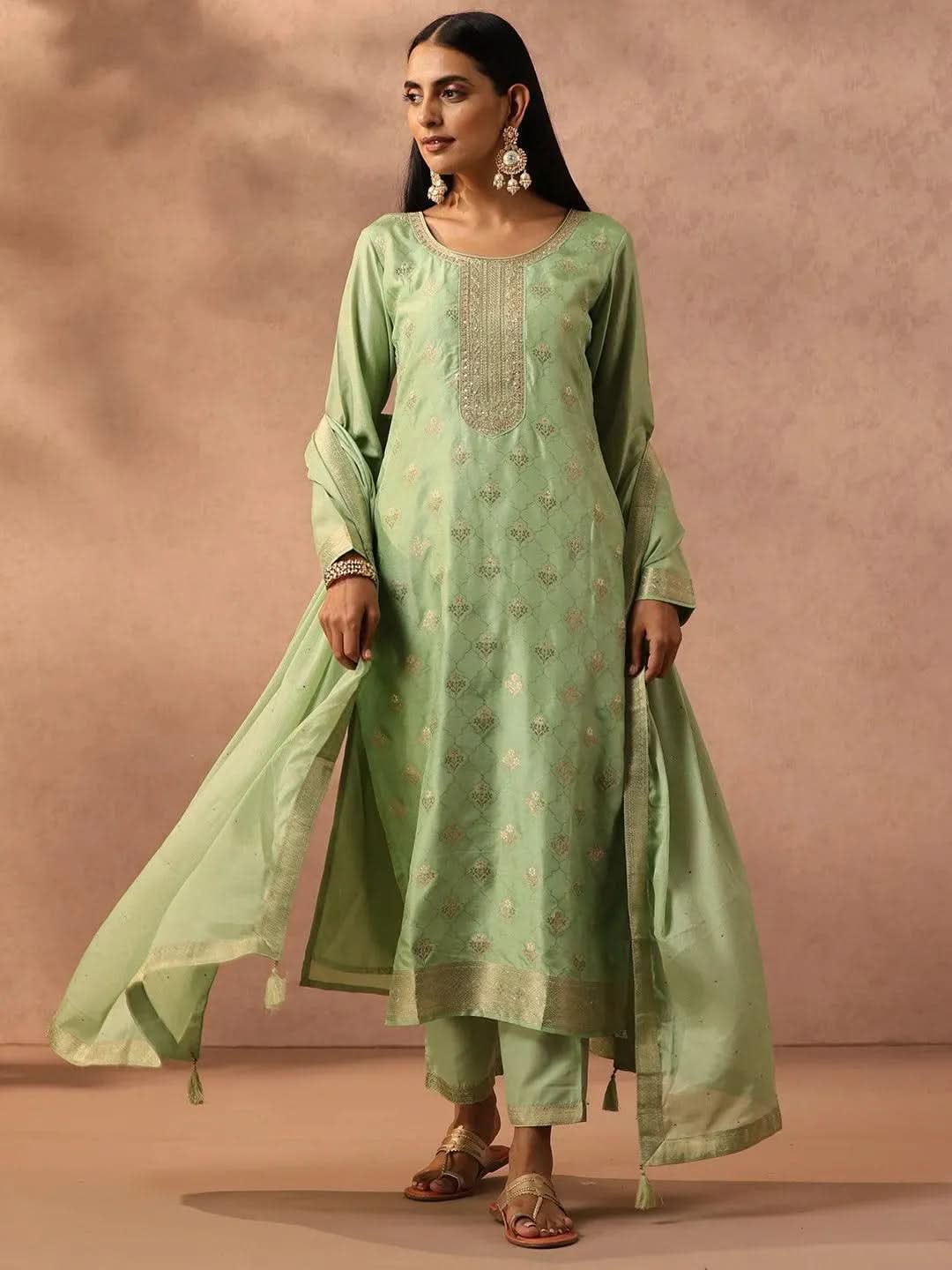 Libas Green Self Design Silk Blend Straight Kurta With Trousers & Dupatta