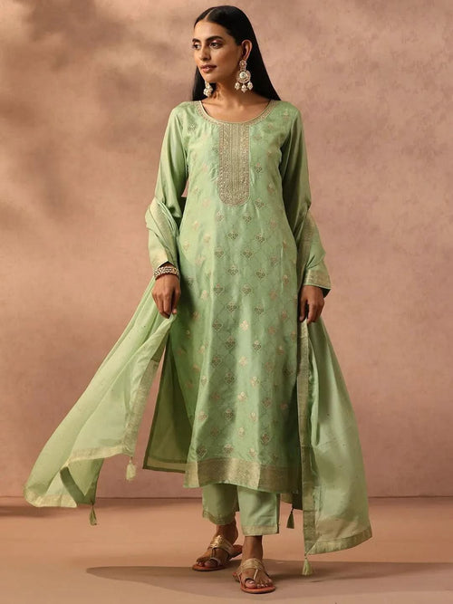 Libas Green Self Design Silk Blend Straight Kurta With Trousers & Dupatta