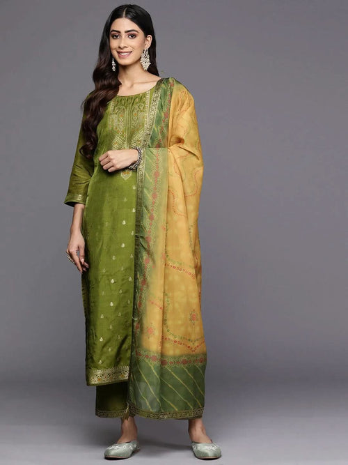 Libas Green Self Design Silk Blend Straight Kurta With Trousers & Dupatta