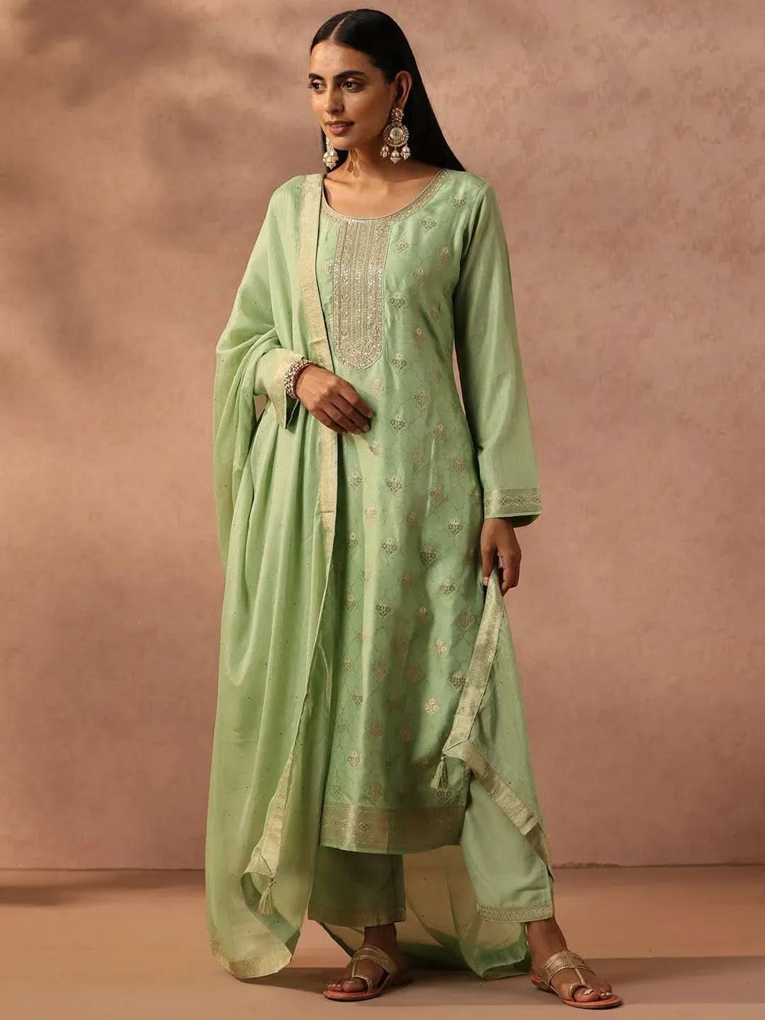 Libas Green Self Design Silk Blend Straight Kurta With Trousers & Dupatta