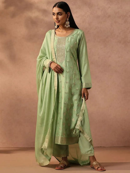 Libas Green Self Design Silk Blend Straight Kurta With Trousers & Dupatta