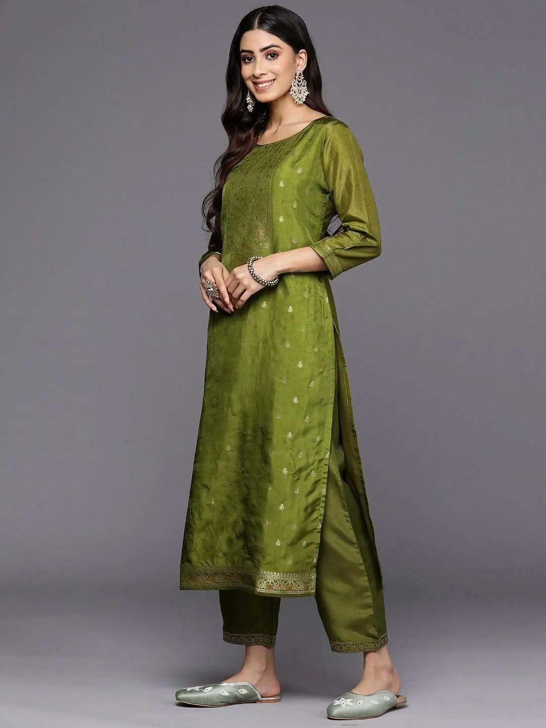Libas Green Self Design Silk Blend Straight Kurta With Trousers & Dupatta