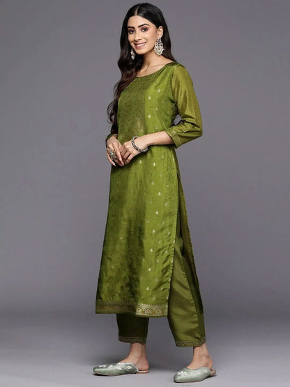 Libas Green Self Design Silk Blend Straight Kurta With Trousers & Dupatta