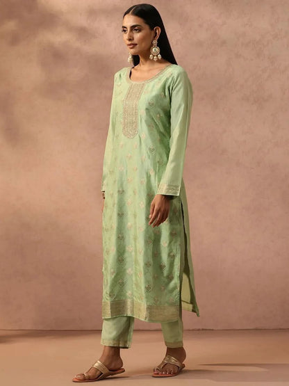 Libas Green Self Design Silk Blend Straight Kurta With Trousers & Dupatta