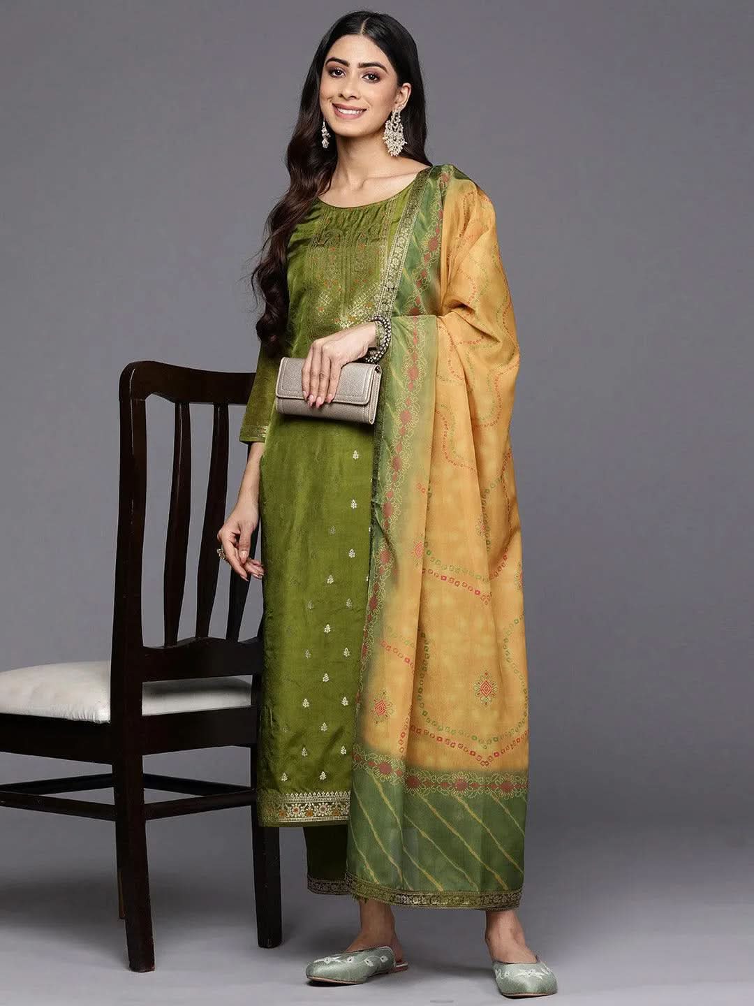 Libas Green Self Design Silk Blend Straight Kurta With Trousers & Dupatta