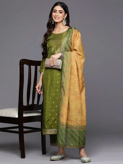 Libas Green Self Design Silk Blend Straight Kurta With Trousers & Dupatta