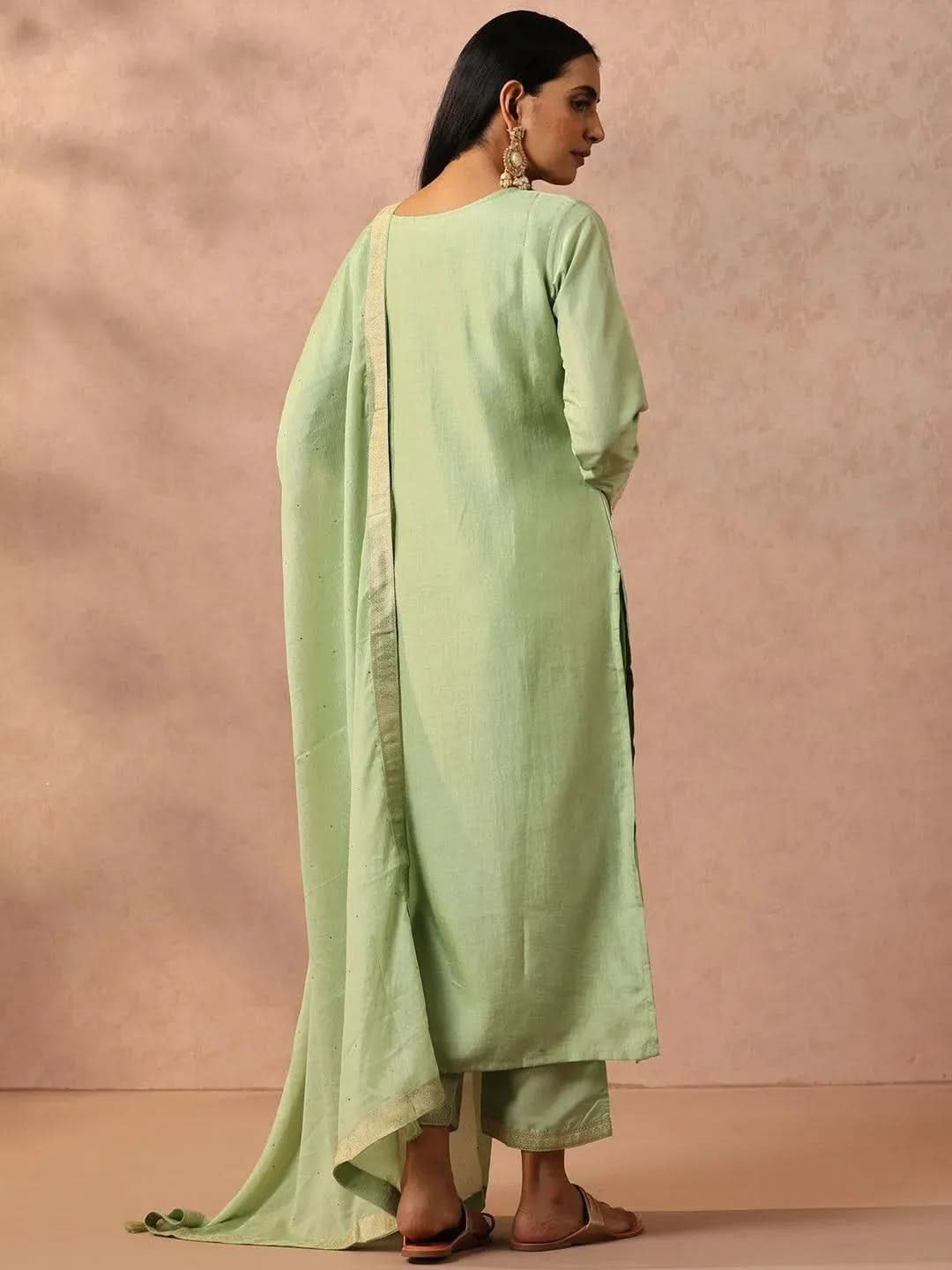 Libas Green Self Design Silk Blend Straight Kurta With Trousers & Dupatta