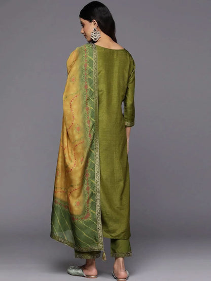 Libas Green Self Design Silk Blend Straight Kurta With Trousers & Dupatta