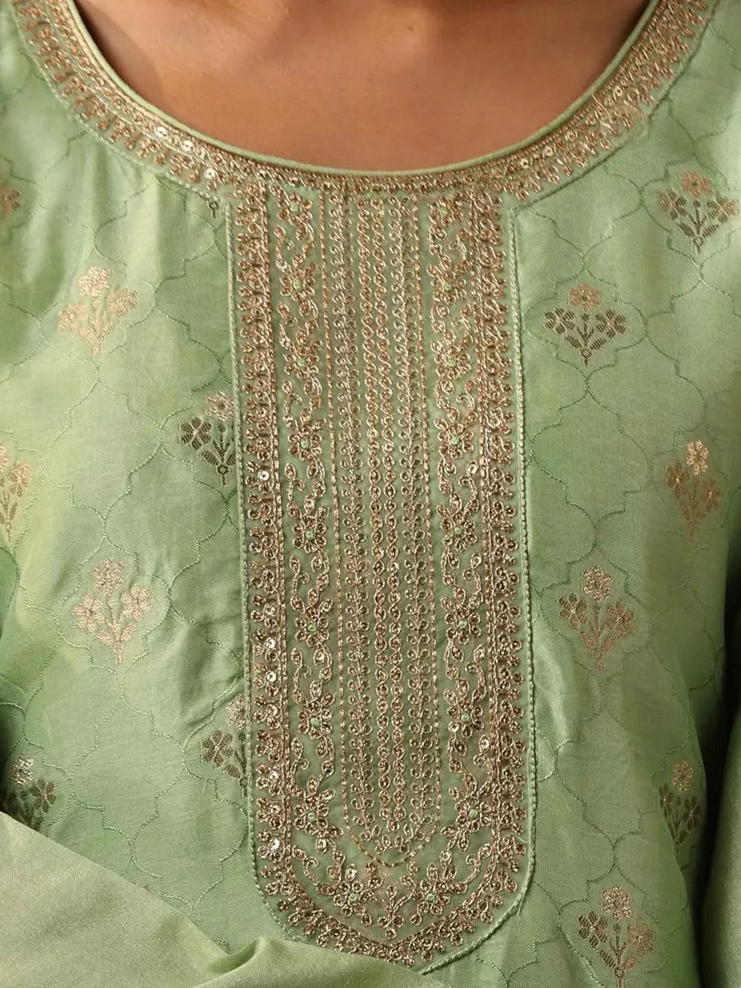 Libas Green Self Design Silk Blend Straight Kurta With Trousers & Dupatta