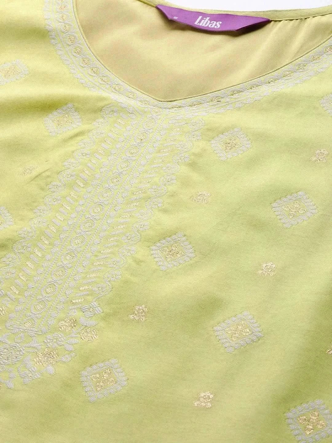 Libas Green Self Design Silk Blend Straight Kurta With Trousers & Dupatta