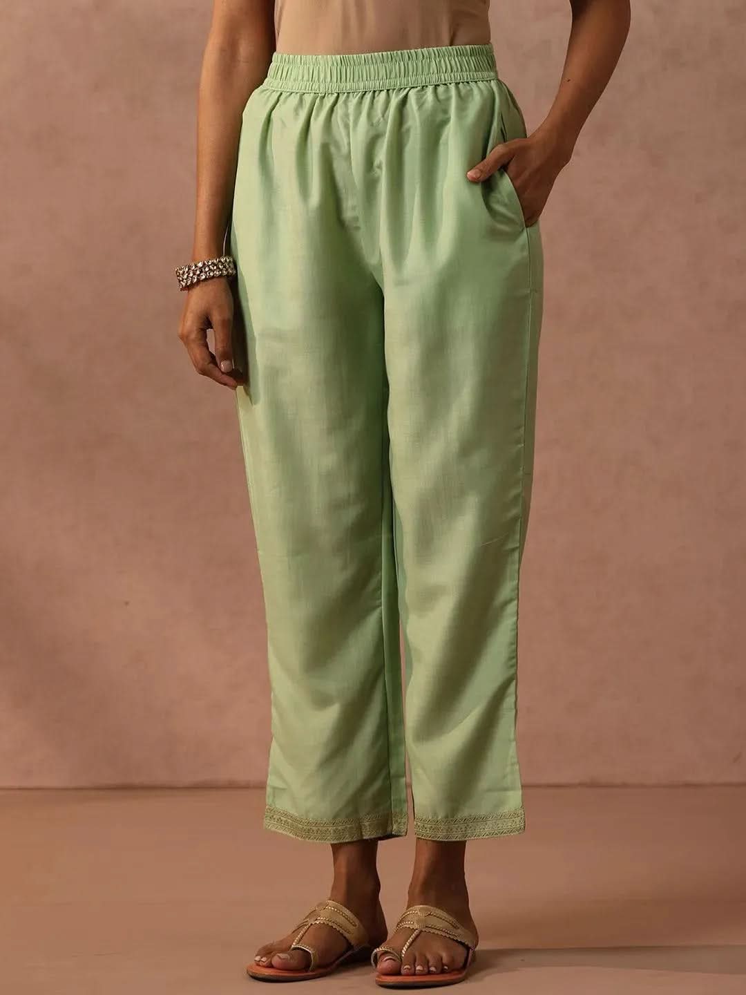 Libas Green Self Design Silk Blend Straight Kurta With Trousers & Dupatta