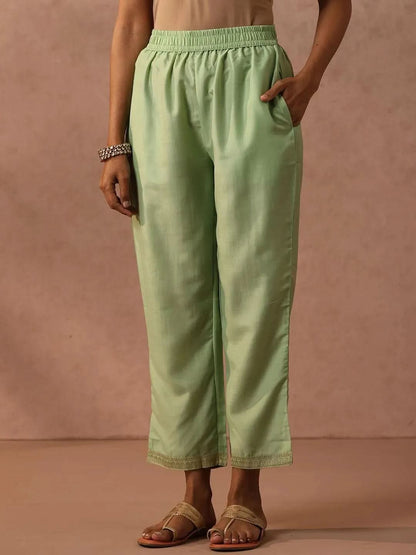 Libas Green Self Design Silk Blend Straight Kurta With Trousers & Dupatta