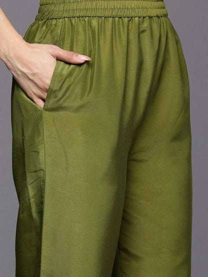 Libas Green Self Design Silk Blend Straight Kurta With Trousers & Dupatta