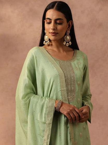 Libas Green Self Design Silk Blend Straight Kurta With Trousers & Dupatta