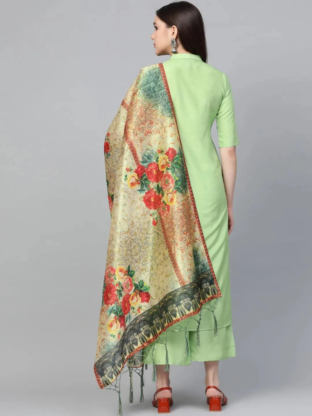 Libas Green Solid Muslin Straight Kurta With Palazzos & Dupatta