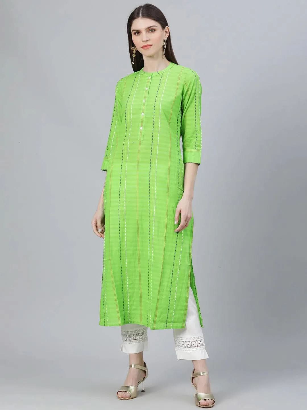 Libas Green Striped Cotton Kurta