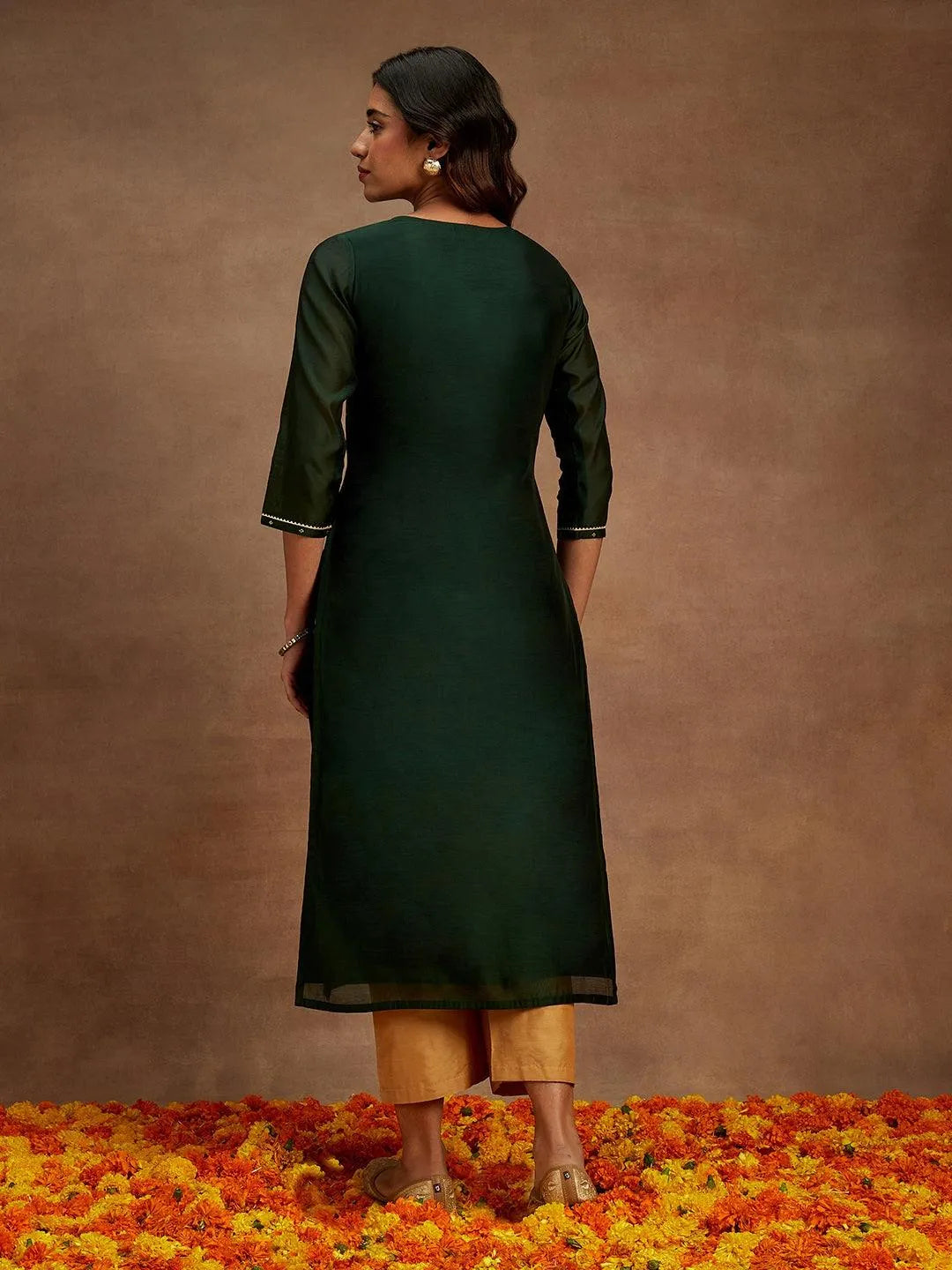 Libas Green Woven Design Chanderi Silk Straight Kurta