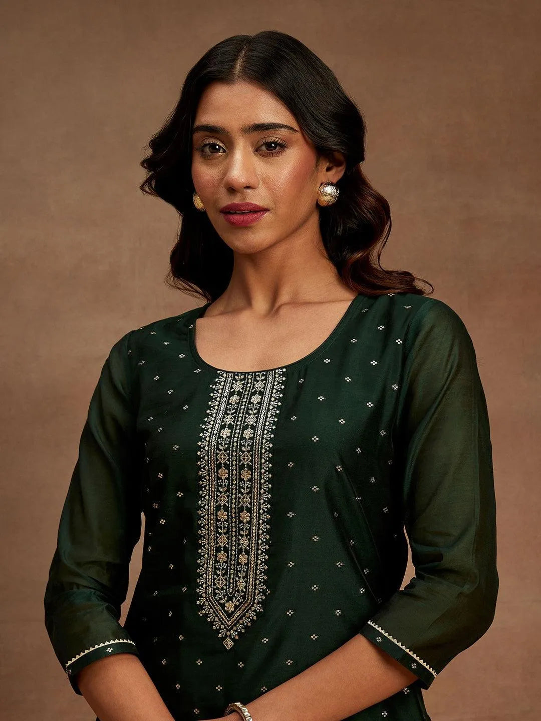 Libas Green Woven Design Chanderi Silk Straight Kurta