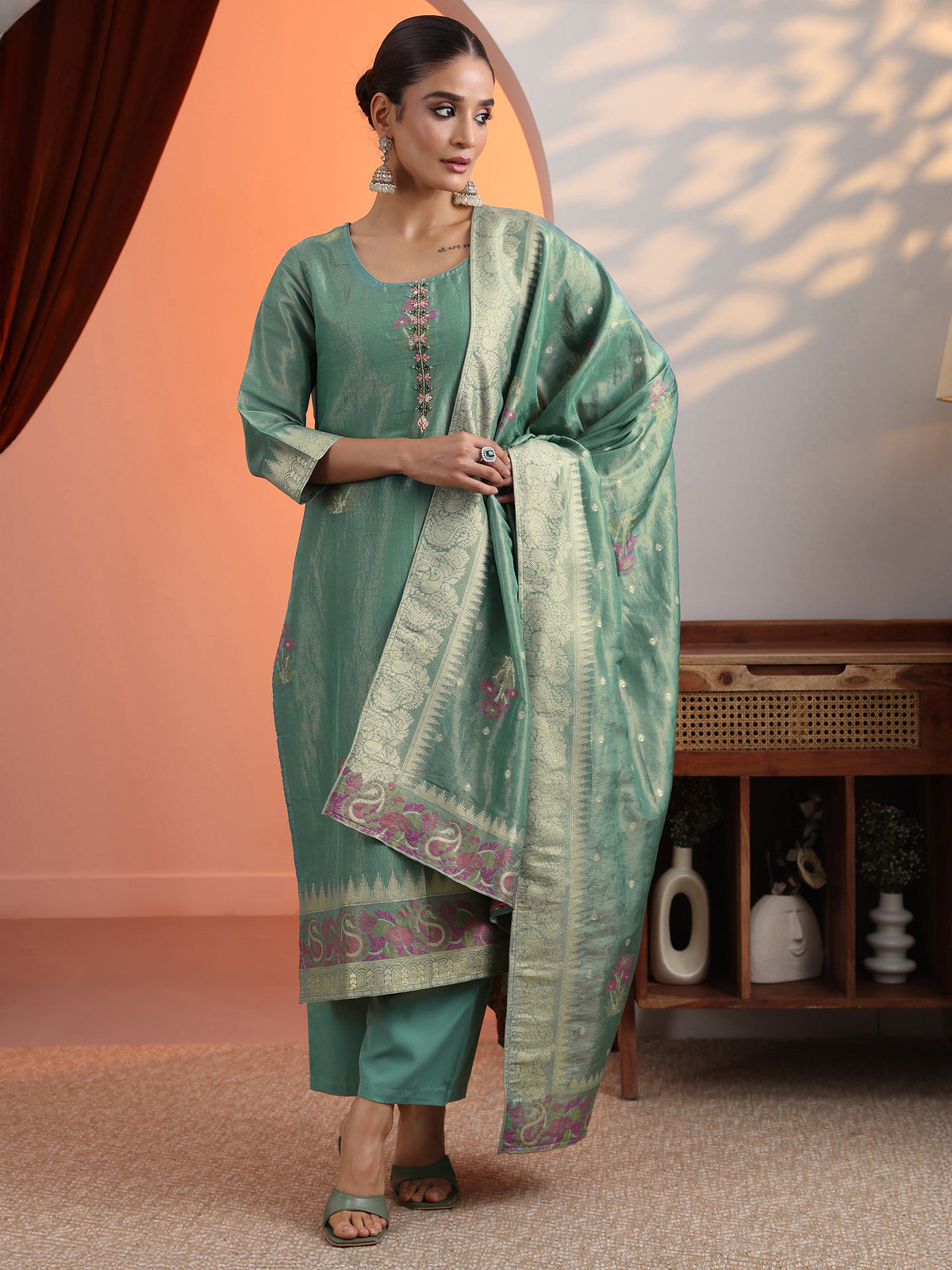 Libas Green Woven Design Silk Blend Straight Suit Set With Dupatta