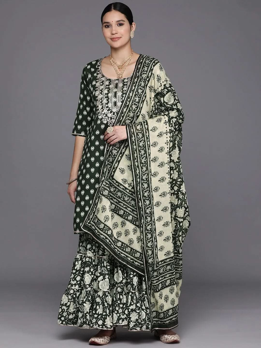 Libas Green Yoke Design Cotton Straight Sharara Suit Set With Dupatta