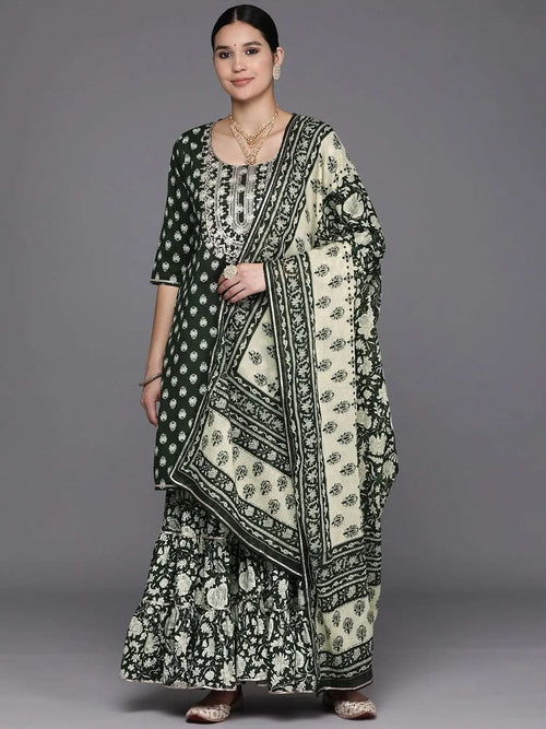 Libas Green Yoke Design Cotton Straight Sharara Suit Set With Dupatta