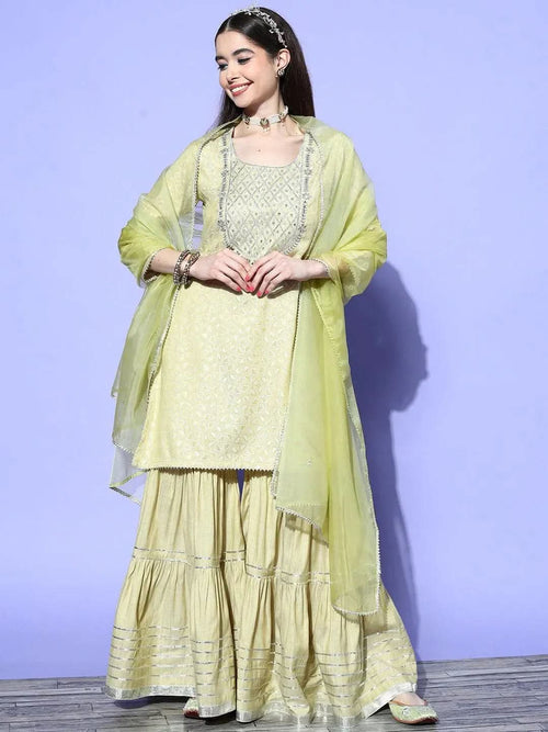 Libas Green Yoke Design Cotton Straight Kurta With Sharara & Dupatta